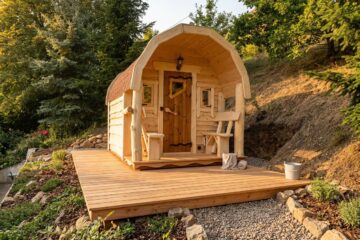 Rustikale Hobbit Sauna mit gewölbtem Dach, Fichtenverschalung und Holztür an einem begrünten Hang
